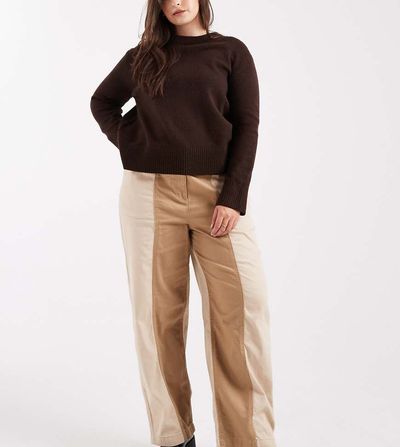 ASOS Curve ASOS DESIGN Curve relaxed straight leg laundered color block pull on pants in brown