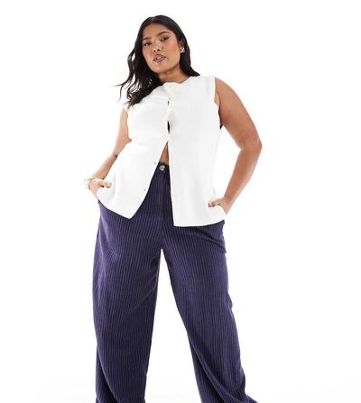 ASOS Curve ASOS DESIGN Curve relaxed straight leg linen mix pants in navy stripe-Multi