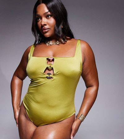 ASOS Curve ASOS DESIGN Curve revenge triple ring swimsuit in lime-Yellow