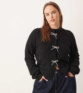ASOS Curve ASOS DESIGN Curve rhinestone bow front cardigan in black