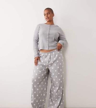 ASOS Curve ASOS DESIGN Curve rib long sleeve pyjama set with stars in gray