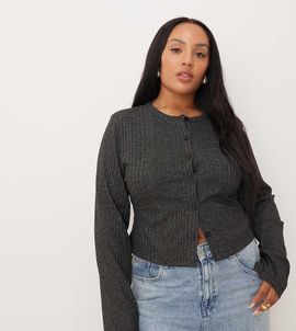ASOS Curve ASOS DESIGN Curve ribbed detailing long sleeve button up top in heathered charcoal-Gray