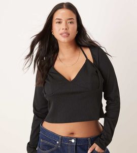 ASOS Curve ASOS DESIGN Curve ribbed halter neck long sleeve top in black
