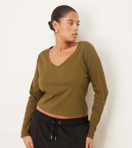ASOS Curve ASOS DESIGN Curve ribbed V-neck long sleeve top in khaki-Multi