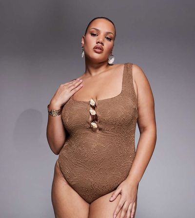 ASOS Curve ASOS DESIGN Curve Riley square neck sculpting revenge swimsuit with resin detailing in mocha-Brown