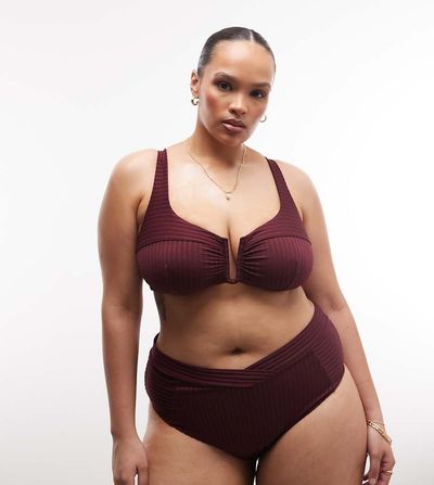 ASOS Curve ASOS DESIGN Curve Rory spliced rib high waist wrap front bikini bottom in berry-Red