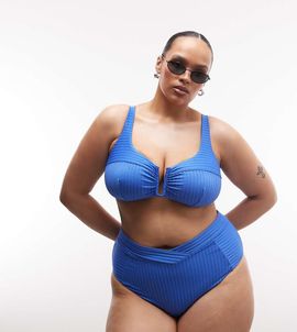 ASOS Curve ASOS DESIGN Curve Rory spliced rib high waist wrap front bikini bottom in blue