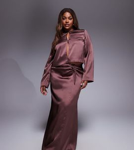 ASOS Curve ASOS DESIGN Curve ruched detail satin maxi skirt in chocolate - part of a set-Brown