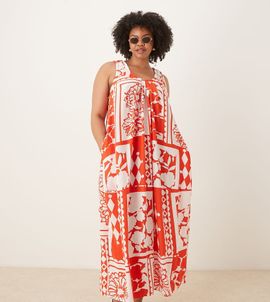 ASOS Curve ASOS DESIGN Curve ruched scoop neck midaxi sundress in red patchwork print-Multi