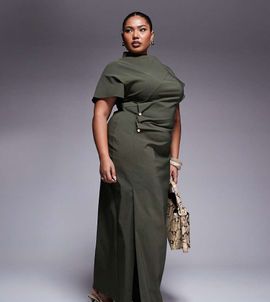 ASOS Curve ASOS DESIGN Curve ruched waist bengaline midi dress in khaki green