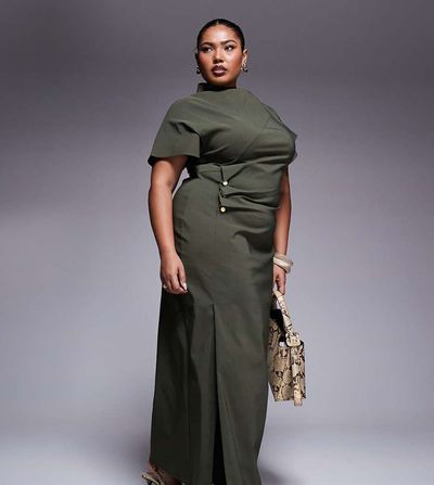 ASOS Curve ASOS DESIGN Curve ruched waist bengaline midi dress in khaki green