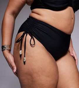 ASOS Curve ASOS DESIGN Curve Sadie Azores ruche side high waist bikini bottom with ties with pearl detail in black
