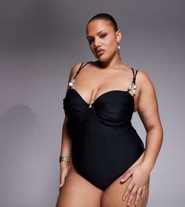 ASOS Curve ASOS DESIGN Curve Sadie pleat bust underwire balcony swimsuit with pearl detail-Black