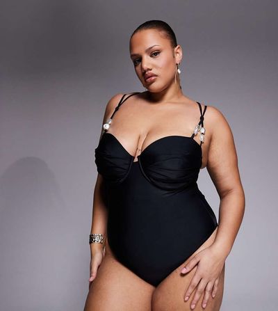 ASOS Curve ASOS DESIGN Curve Sadie pleat bust underwire balcony swimsuit with pearl detail-Black