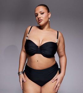 ASOS Curve ASOS DESIGN Curve Sadie pleated bust underwire balconette bikini top with faux-pearl detailing in black