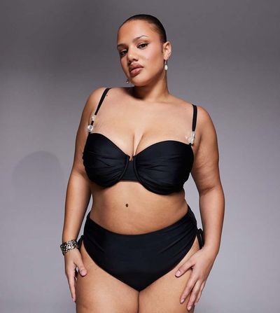 ASOS Curve ASOS DESIGN Curve Sadie pleated bust underwire balconette bikini top with faux-pearl detailing in black