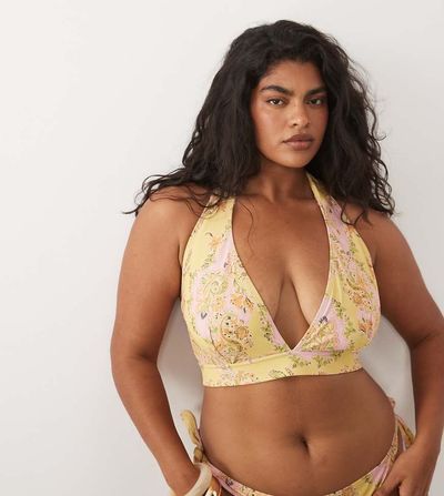 ASOS Curve ASOS DESIGN Curve Sarah scarf high apex halter neck triangle bikini top in floral print-Multi
