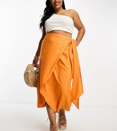 ASOS Curve ASOS DESIGN Curve sarong wrap midi skirt in orange