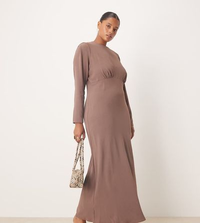 ASOS Curve ASOS DESIGN Curve satin bias cut bust detail maxi slip dress in deep taupe-Brown