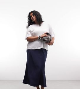 ASOS Curve ASOS DESIGN Curve satin bias cut midi skirt in navy