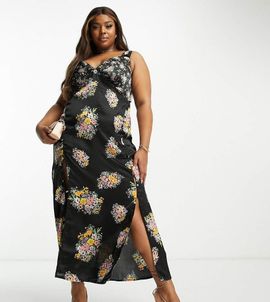 ASOS Curve ASOS DESIGN Curve satin cami midi dress with side splits and button detail in dark floral-Multi