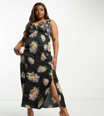 ASOS Curve ASOS DESIGN Curve satin cami midi dress with side splits and button detail in dark floral-Multi