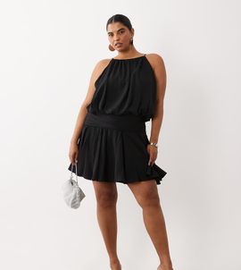 ASOS Curve ASOS DESIGN Curve satin high neck dropped waist flippy mini dress in black