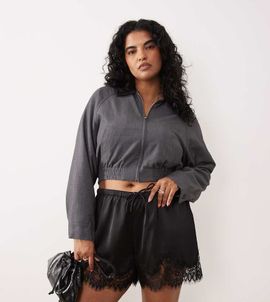 ASOS Curve ASOS DESIGN Curve satin lace trim drawstring waist short in black