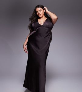 ASOS Curve ASOS DESIGN Curve satin plunge maxi dress with knotted shoulders and deep cowl back in chocolate-Brown