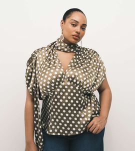 ASOS Curve ASOS DESIGN Curve satin scarf and volume detail blouse in polka dot-Multi