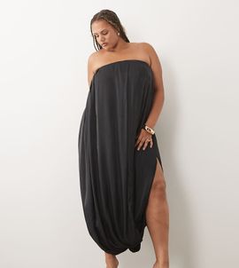ASOS Curve ASOS DESIGN Curve satin strapless bubble hem midaxi dress in navy blue