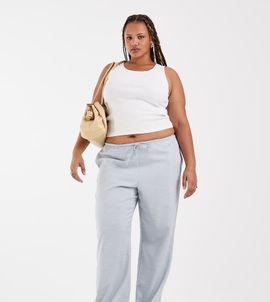 ASOS Curve ASOS DESIGN Curve satin wide leg pull-on pants in-Blue