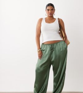 ASOS Curve ASOS DESIGN Curve satin wide leg pull on pants in khaki-Green