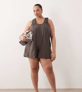 ASOS Curve ASOS DESIGN Curve scoop neck smock romper in charcoal-Gray