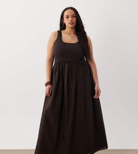 ASOS Curve ASOS DESIGN Curve scoop ribbed bodice with poplin skirt midi dress in chocolate-Brown