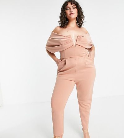 ASOS Curve ASOS DESIGN curve scuba off shoulder v bar slim leg jumpsuit-Pink
