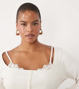 ASOS Curve ASOS DESIGN Curve sculpting rib button through top with lace underlayer in cream-Black