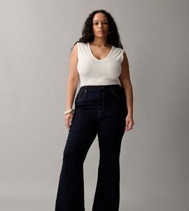 ASOS Curve ASOS DESIGN Curve sculpting super stretch flare jeans in rinse-Navy