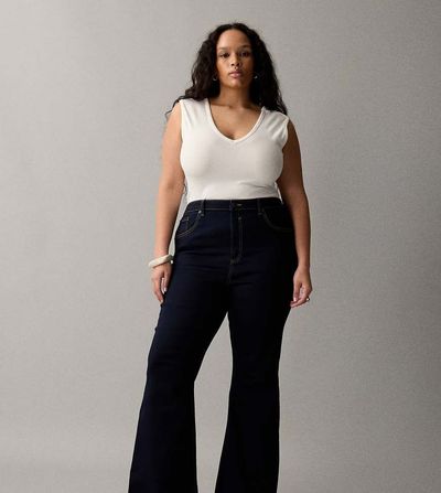 ASOS Curve ASOS DESIGN Curve sculpting super stretch flare jeans in rinse-Navy