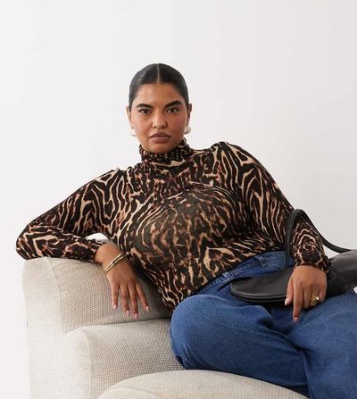 ASOS Curve ASOS DESIGN Curve second skin sheer knit turtle neck sweater in leopard-Multi