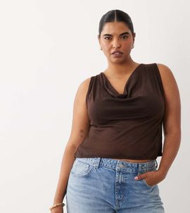 ASOS Curve ASOS DESIGN Curve semi sheer knit look cowl scarf neck tank top in chocolate-Brown