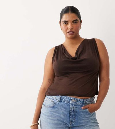 ASOS Curve ASOS DESIGN Curve semi sheer knit look cowl scarf neck tank top in chocolate-Brown