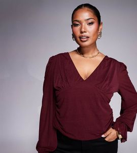 ASOS Curve ASOS DESIGN Curve semi sheer long sleeve v-neck top in burgundy-Red
