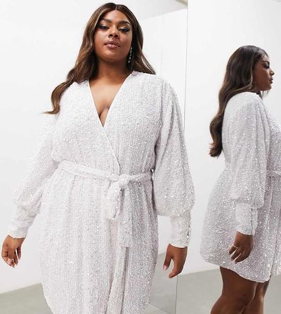 ASOS Curve ASOS DESIGN Curve sequin wrap mini dress in white