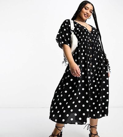 ASOS Curve ASOS DESIGN Curve shirred button through midi smock dress in large mono spot-Multi