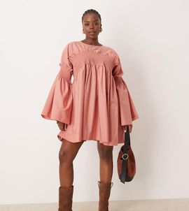 ASOS Curve ASOS DESIGN Curve shirred cotton mini dress with flare sleeve in rose-Multi