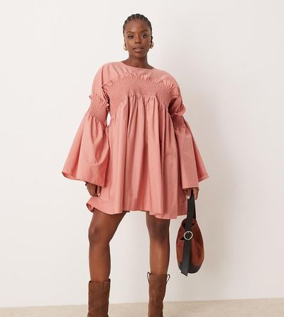 ASOS Curve ASOS DESIGN Curve shirred cotton mini dress with flare sleeve in rose-Multi