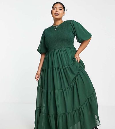 ASOS Curve ASOS DESIGN Curve shirred tiered maxi dress in forest green