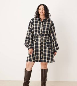 ASOS Curve ASOS DESIGN Curve shirt mini dress with belt in black and tan plaid-Multi