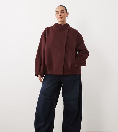 ASOS Curve ASOS DESIGN Curve short formal waterfall coat with wool in burgundy-Red